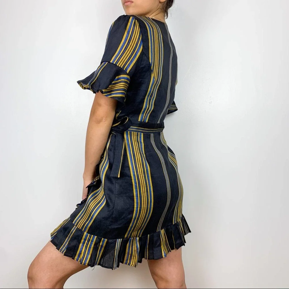 Honeypunch Lulus Black Striped Short Sleeve Ruffle Wrap Mini Dress Size Medium - Picture 4 of 13